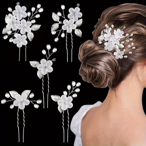 5pcs Set - Romantic U-Shaped Hair Clip, Flower Shaped Hair Clip, Delicate Bead Hair Clip - Suitable for Women'S Daily Dress And Hairstyle During Ramadan, Mother'S Day, And Other Holidays