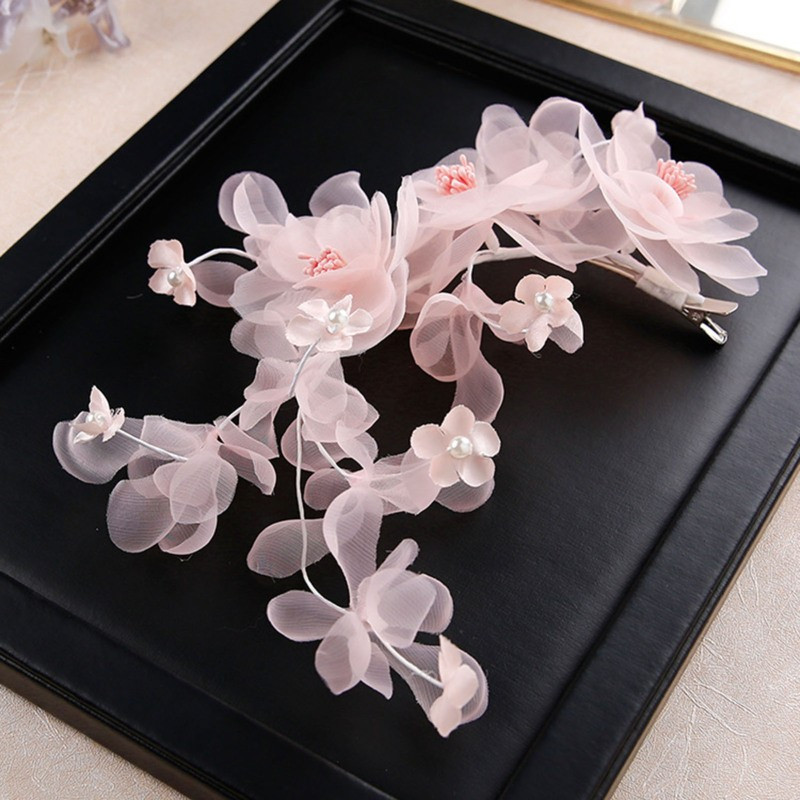 Elegant Pink Flower Hair Barrette - Handmade Polyester & Spandex Floral Headpiece with Green Leaves, Perfect for Thick & Curly Hair Styling, Wedding & Formal Occasion Accessory, Hair Accessory | Decorative Barrette | Intricate Craftsmanship, Hair Accessories