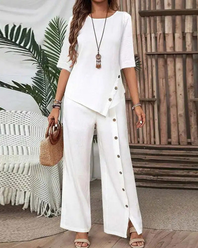 Irregular Button Half-Sleeve Top Pants Set