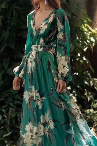 Women's Fashion V-Neck Long Sleeve Bohemian Printed Swing Elegant Dress