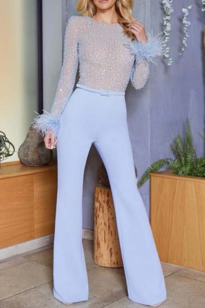 Casual Patchwork Sequins With Belt O Neck Skinny Jumpsuits