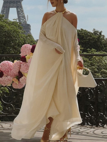Solid Color Loose Long Sleeves Halter-Neck Maxi Dresses