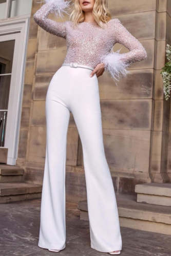 Casual Patchwork Sequins With Belt O Neck Skinny Jumpsuits