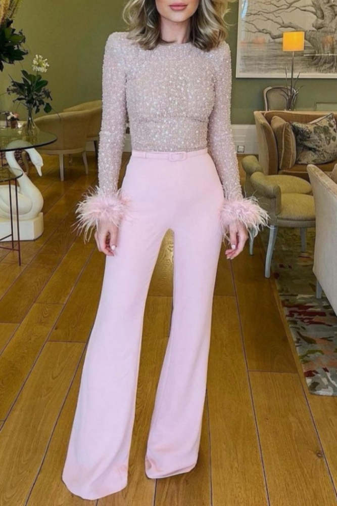 Casual Patchwork Sequins With Belt O Neck Skinny Jumpsuits