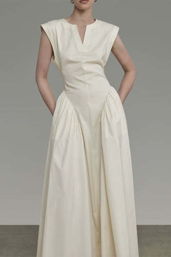 Elegant Solid Pocket Fold O Neck Sleeveless Dresses