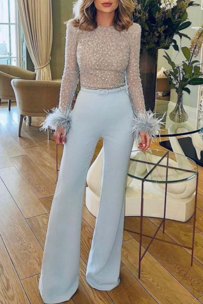 Casual Patchwork Sequins With Belt O Neck Skinny Jumpsuits