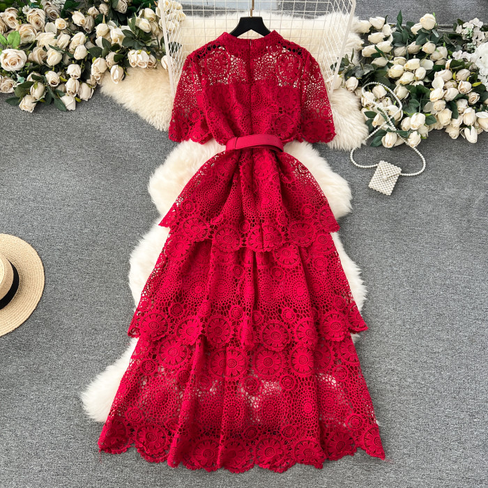 Vintage Elegant Lace HollowTiered Dress Chic  A-line Fashion Chiffon Spring Autumn Short Sleeve Vestidos Women Dresses