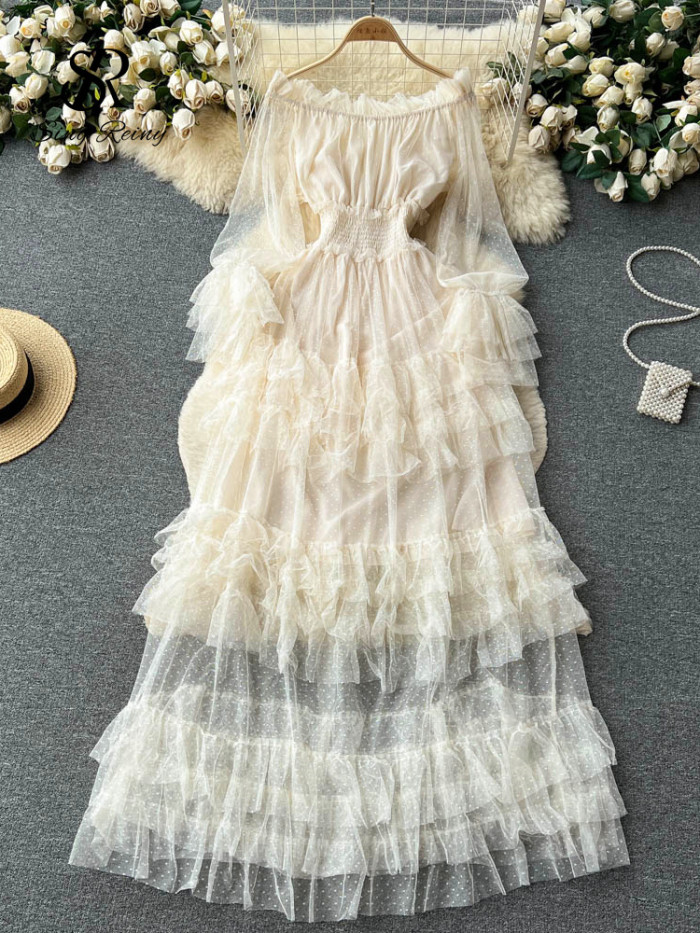 High Street Fashion Cake Mesh Party Dress Women Off the Shoulder Tierred Elastic Sundress Polka Dot Lace Maxi Dress