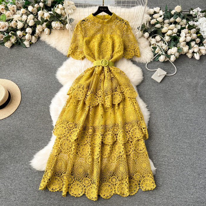 Vintage Elegant Lace HollowTiered Dress Chic  A-line Fashion Chiffon Spring Autumn Short Sleeve Vestidos Women Dresses