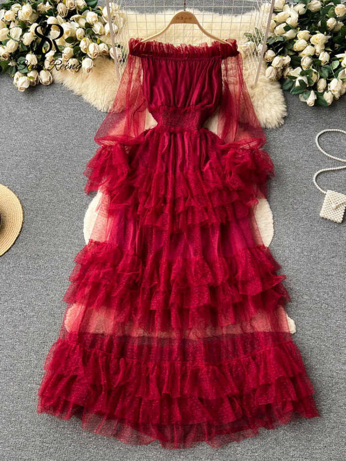 High Street Fashion Cake Mesh Party Dress Women Off the Shoulder Tierred Elastic Sundress Polka Dot Lace Maxi Dress