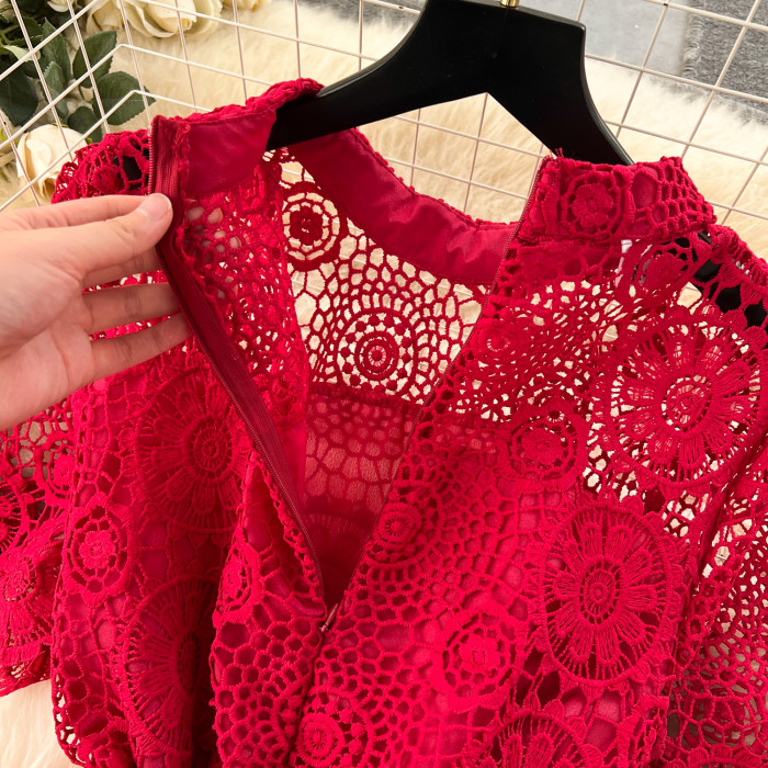 Vintage Elegant Lace HollowTiered Dress Chic  A-line Fashion Chiffon Spring Autumn Short Sleeve Vestidos Women Dresses