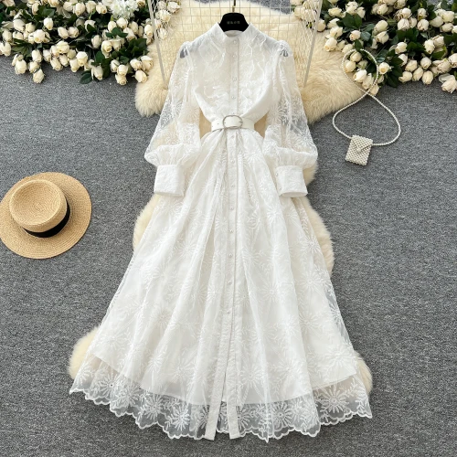 French Vintage mesh floral ruffle Single Breasted Belt Dress A-line  Women Fashion Summer Dress