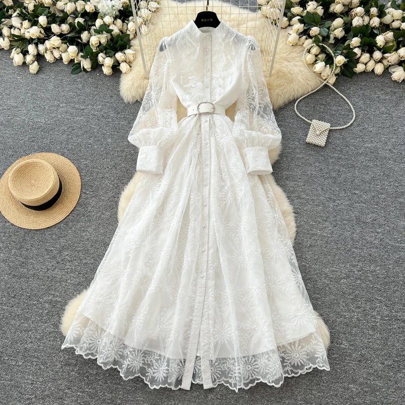 French Vintage mesh floral ruffle Single Breasted Belt Dress A-line  Women Fashion Summer Dress