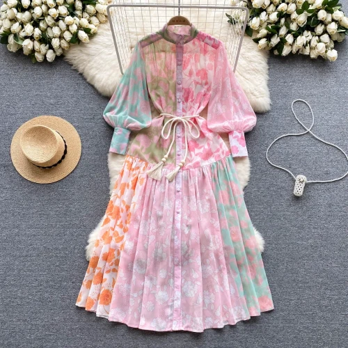 Chic Print Pleated Elegant Lantern Sleeve Dress A-line Casual Lace Up Vacation Party Dress Women Fashion Autumn Spring Vestidos