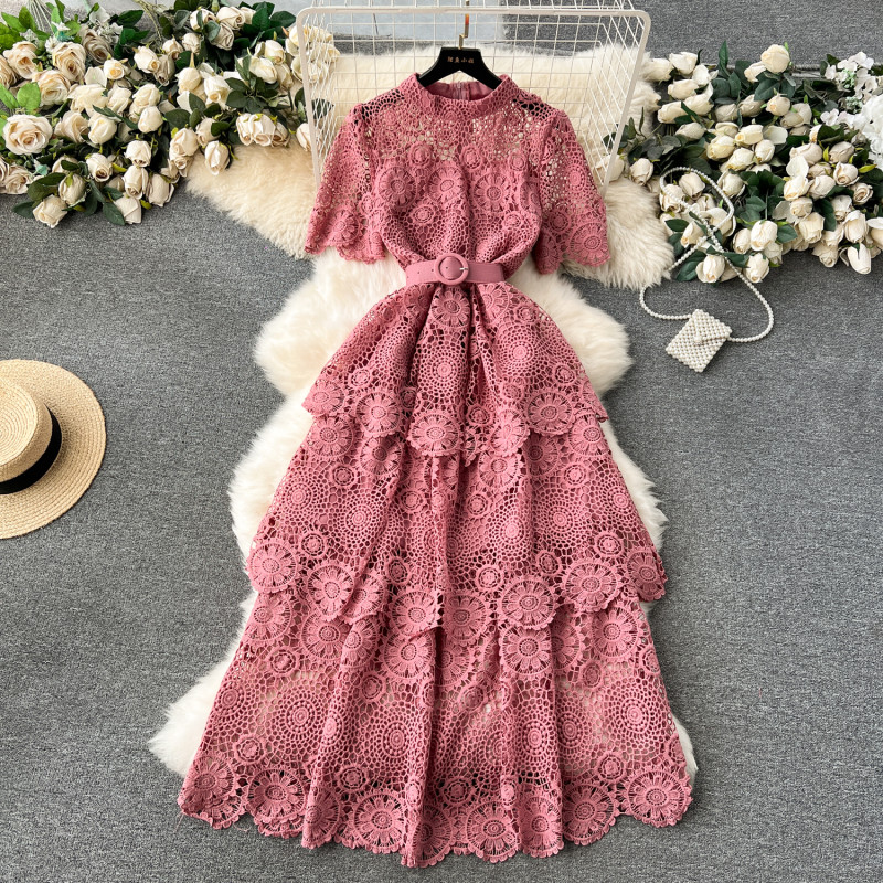 Vintage Elegant Lace HollowTiered Dress Chic  A-line Fashion Chiffon Spring Autumn Short Sleeve Vestidos Women Dresses