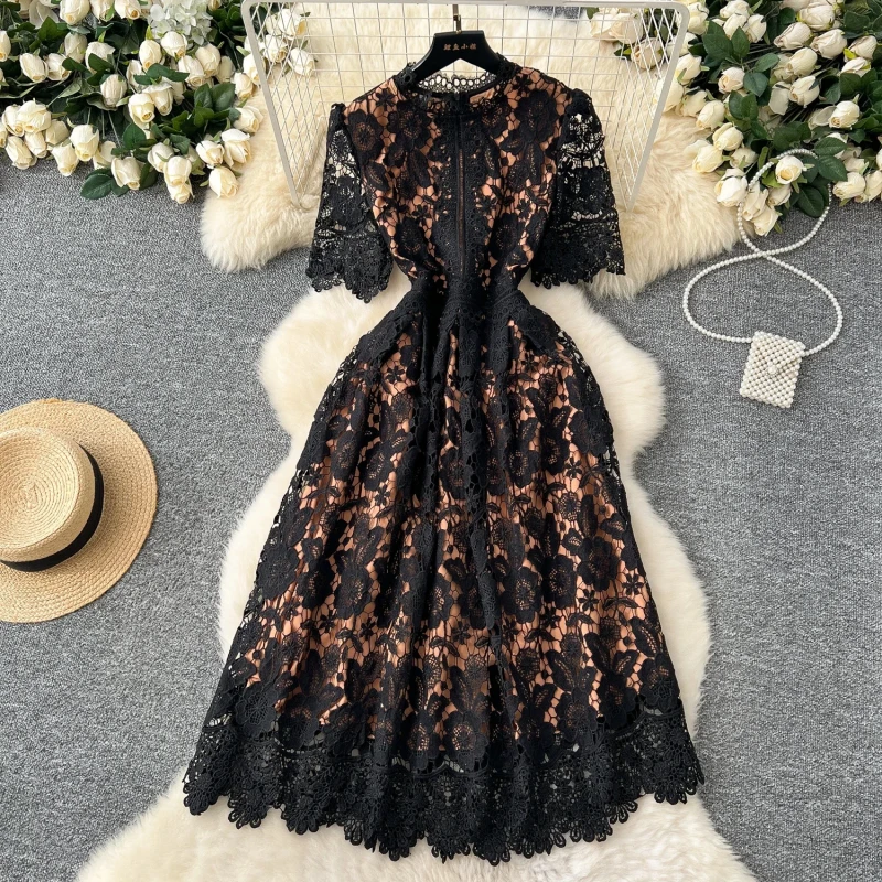 Elegant Hollow Out Hook Flower Lace Vintage Short Sleeves Slim Long Dresses French Fashion Evening High Street Women Clothing