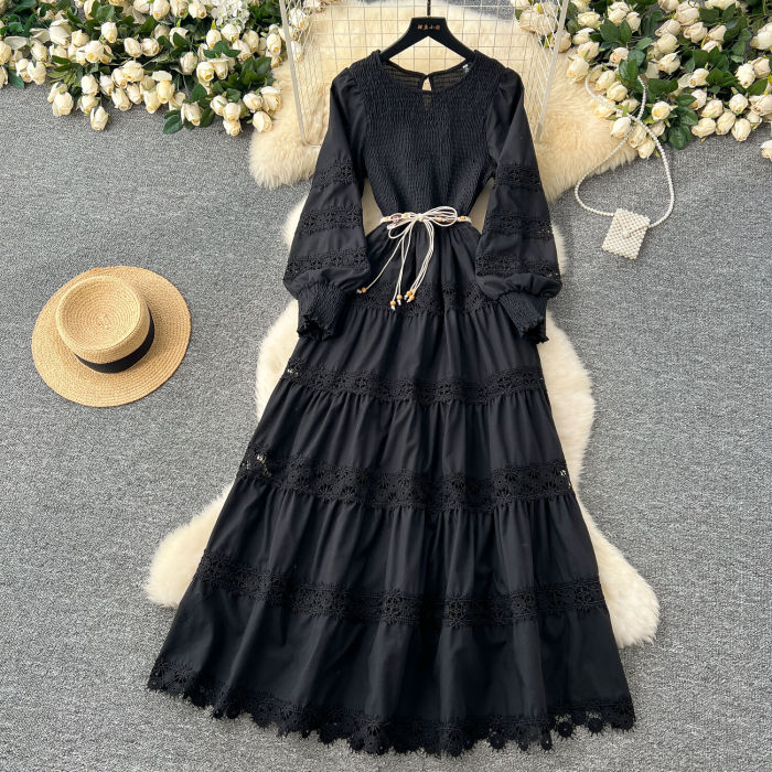 Elegant Long Sleeve Maxi Dresses Women Spring Summer Hollow Out Embroidered Stretchy Top Corset Party Vestido Wedding White Robe