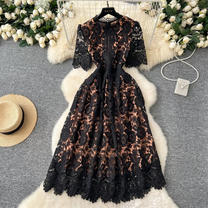 Elegant Hollow Out Hook Flower Lace Vintage Short Sleeves Slim Long Dresses French Fashion Evening High Street Women Clothing
