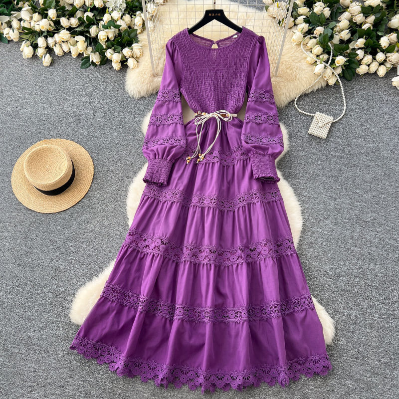 Elegant Long Sleeve Maxi Dresses Women Spring Summer Hollow Out Embroidered Stretchy Top Corset Party Vestido Wedding White Robe