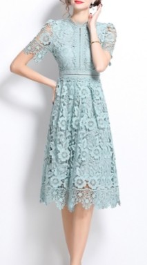 Elegant Hollow Out Hook Flower Lace Vintage Short Sleeves Slim Long Dresses French Fashion Evening High Street Women Clothing