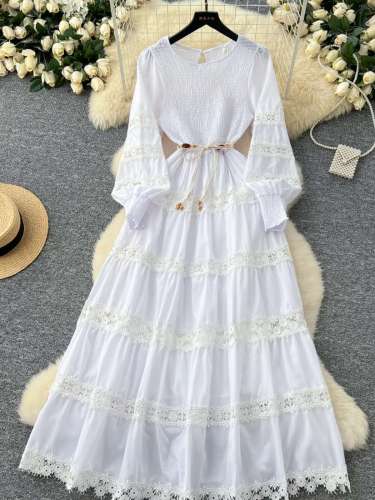 Elegant Long Sleeve Maxi Dresses Women Spring Summer Hollow Out Embroidered Stretchy Top Corset Party Vestido Wedding White Robe