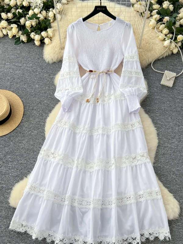Elegant Long Sleeve Maxi Dresses Women Spring Summer Hollow Out Embroidered Stretchy Top Corset Party Vestido Wedding White Robe