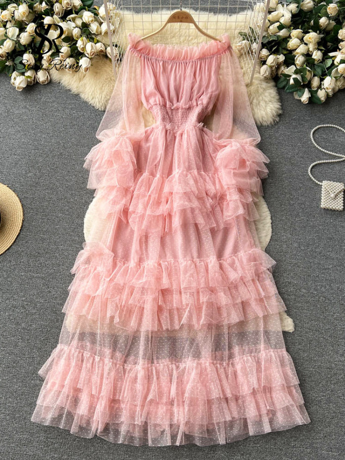 High Street Fashion Cake Mesh Party Dress Women Off the Shoulder Tierred Elastic Sundress Polka Dot Lace Maxi Dress