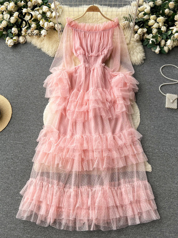 High Street Fashion Cake Mesh Party Dress Women Off the Shoulder Tierred Elastic Sundress Polka Dot Lace Maxi Dress