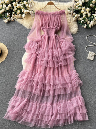High Street Fashion Cake Mesh Party Dress Women Off the Shoulder Tierred Elastic Sundress Polka Dot Lace Maxi Dress