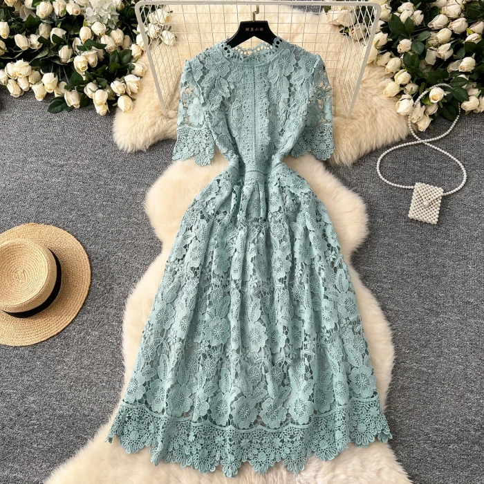 Elegant Hollow Out Hook Flower Lace Vintage Short Sleeves Slim Long Dresses French Fashion Evening High Street Women Clothing