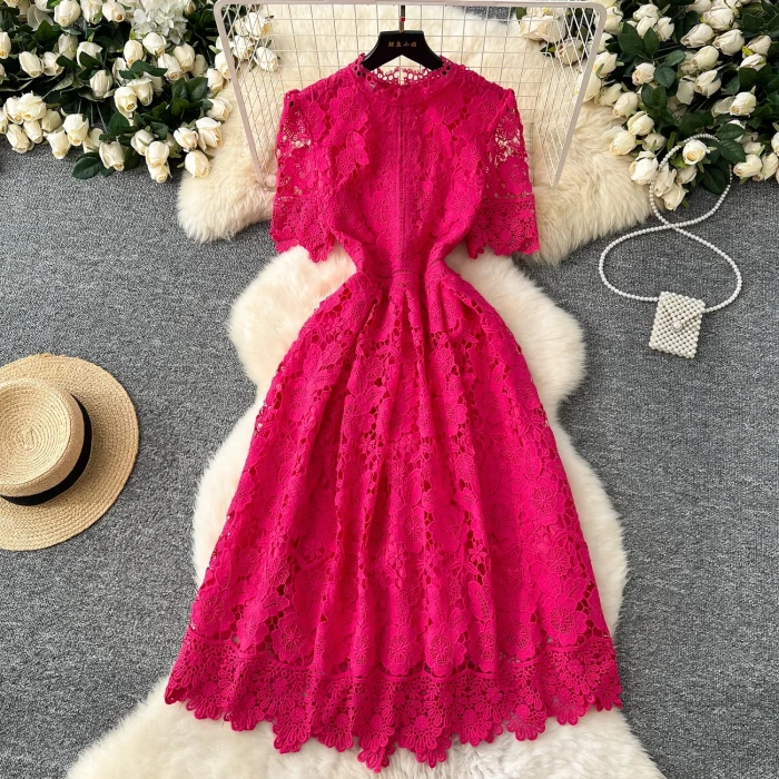 Elegant Hollow Out Hook Flower Lace Vintage Short Sleeves Slim Long Dresses French Fashion Evening High Street Women Clothing