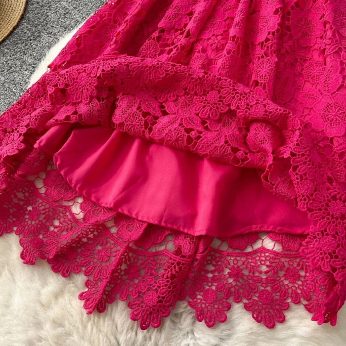 Elegant Hollow Out Hook Flower Lace Vintage Short Sleeves Slim Long Dresses French Fashion Evening High Street Women Clothing