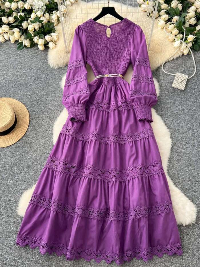 Elegant Long Sleeve Maxi Dresses Women Spring Summer Hollow Out Embroidered Stretchy Top Corset Party Vestido Wedding White Robe