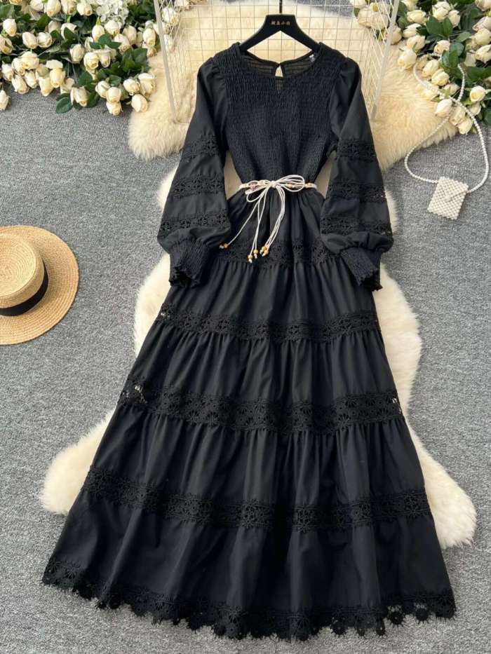Elegant Long Sleeve Maxi Dresses Women Spring Summer Hollow Out Embroidered Stretchy Top Corset Party Vestido Wedding White Robe