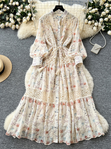 Senior Floral Long Dresses Women Lantern Sleeve O Neck Lace Up Design Single Breasted High Quality Court Print Dress