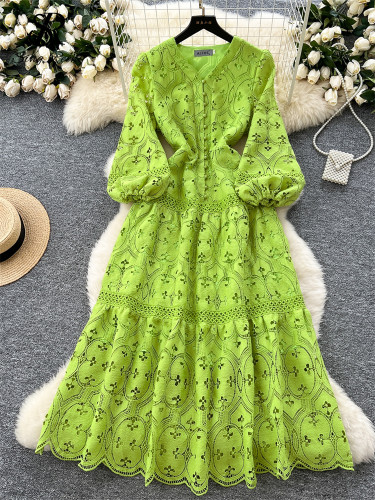 French Vacation Fashion Dress Women Buttons Hook Flower Hollow Out Design 2025 High Quality Lace Ruffles Long Dress