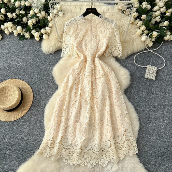 Elegant Hollow Out Hook Flower Lace Vintage Short Sleeves Slim Long Dresses French Fashion Evening High Street Women Clothing