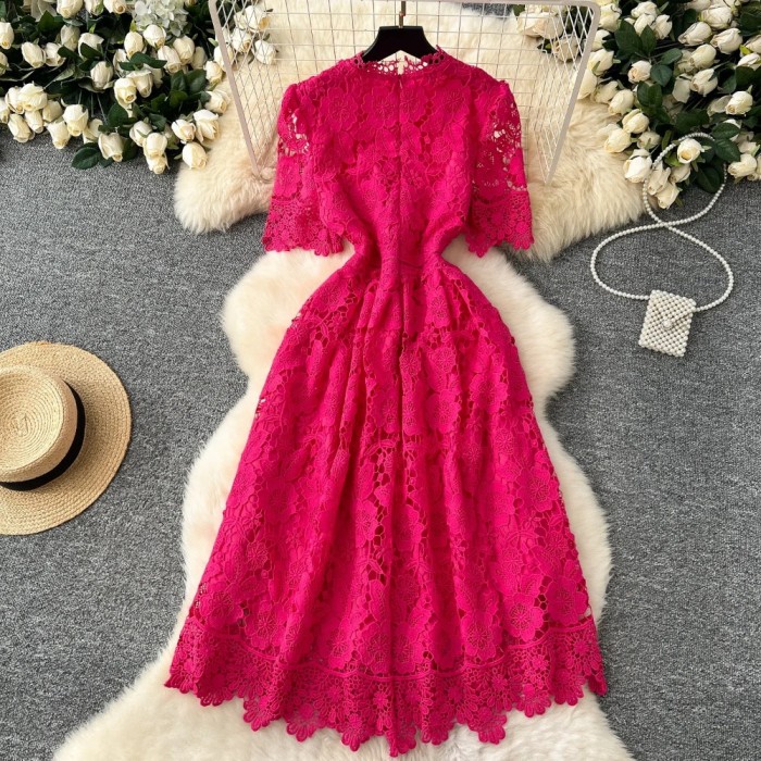 Elegant Hollow Out Hook Flower Lace Vintage Short Sleeves Slim Long Dresses French Fashion Evening High Street Women Clothing