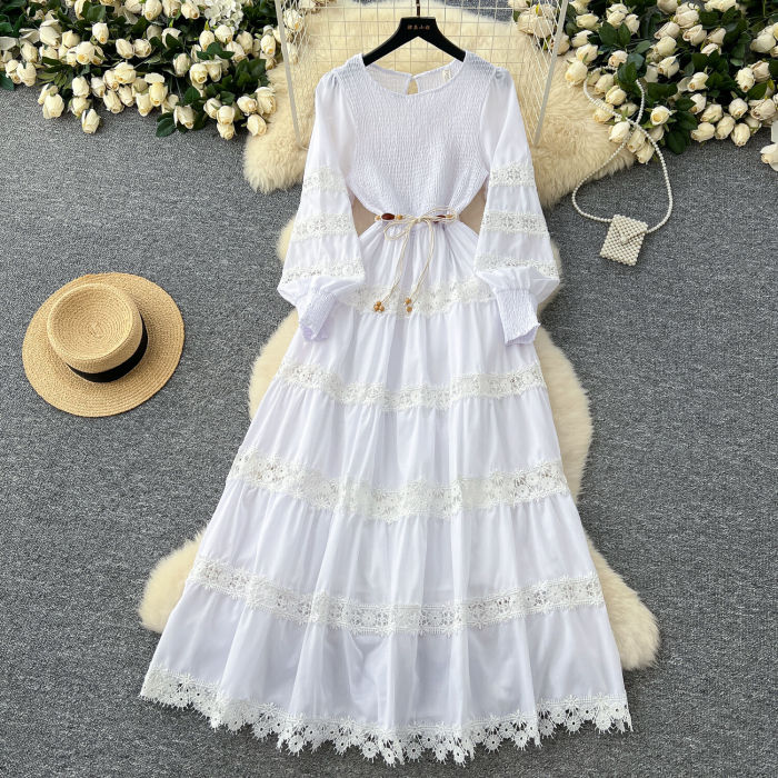 Elegant Long Sleeve Maxi Dresses Women Spring Summer Hollow Out Embroidered Stretchy Top Corset Party Vestido Wedding White Robe