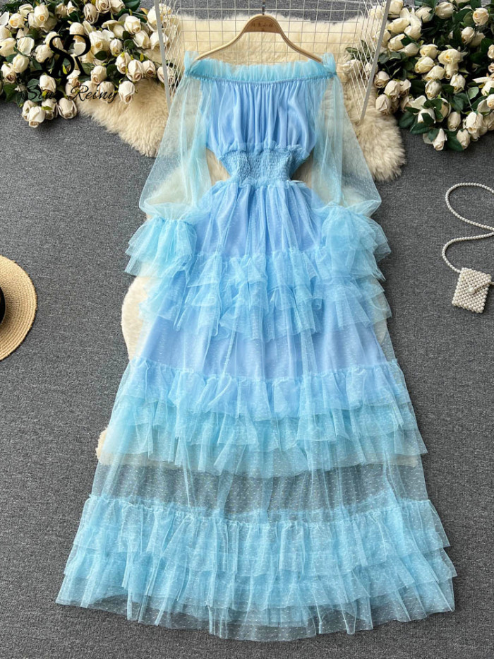 High Street Fashion Cake Mesh Party Dress Women Off the Shoulder Tierred Elastic Sundress Polka Dot Lace Maxi Dress