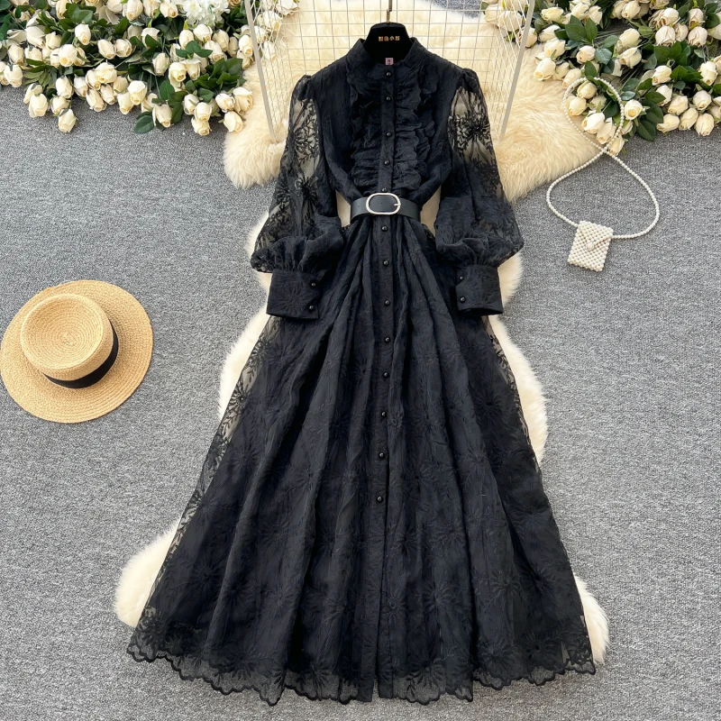 French Vintage mesh floral ruffle Single Breasted Belt Dress A-line  Women Fashion Summer Dress