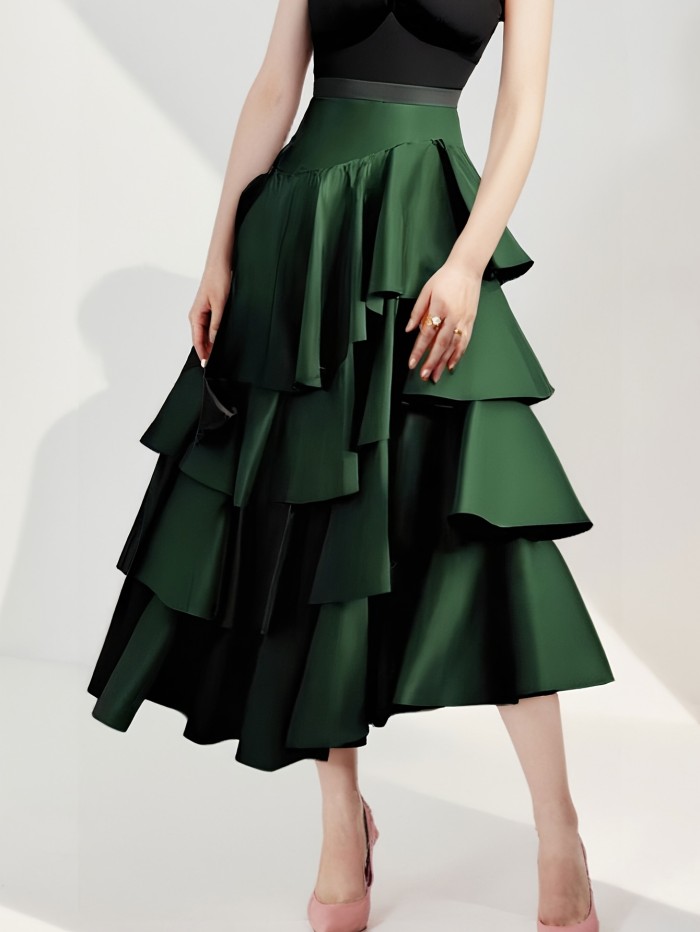 Women's Spring Summer Elegant High Waist Ruffle Long Skirt