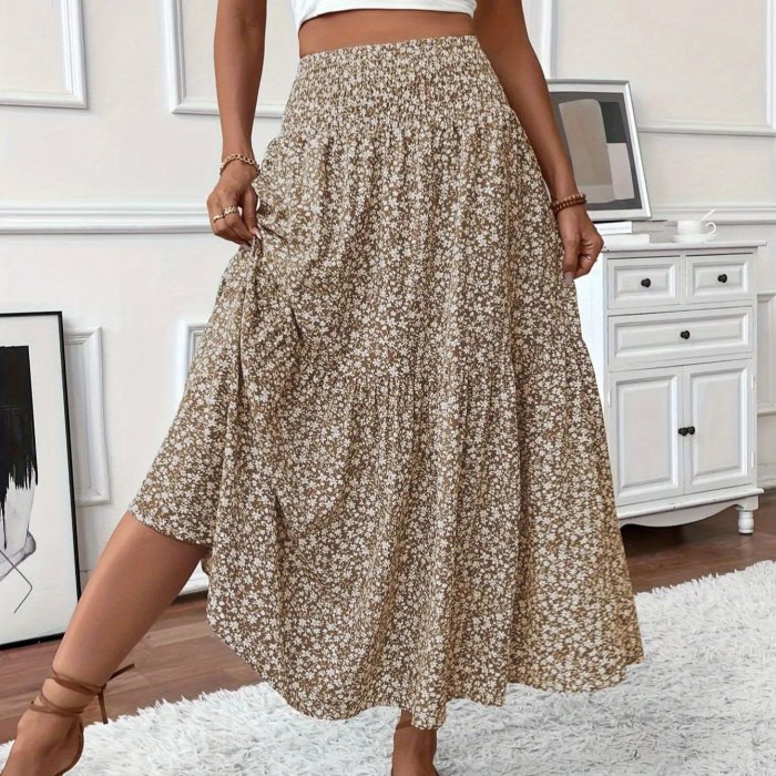 Casual Summer Fake Drawstring Floral Pleated A-Line Bohemian Cute Skirt