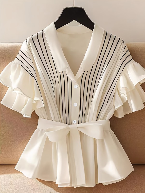 Women's Lightweight Polyester Striped Ruffle Hem Blouse