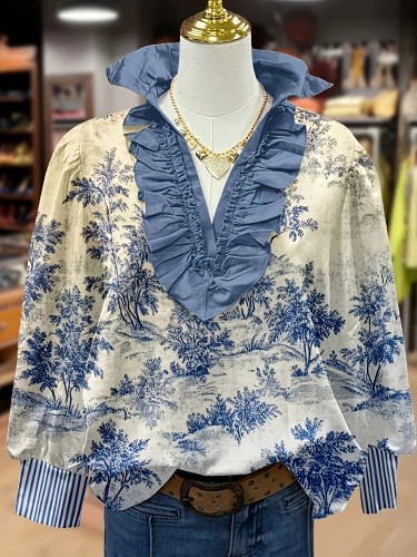 Bohemian Classic Blue Floral Pattern Casual Light Top, Ruffled V-neck Striped Contrast Edge Shirt