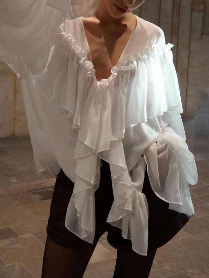 Women'S Elegant Loose Casual Solid Color Ruffle V-Neck Long Sleeve Shirt