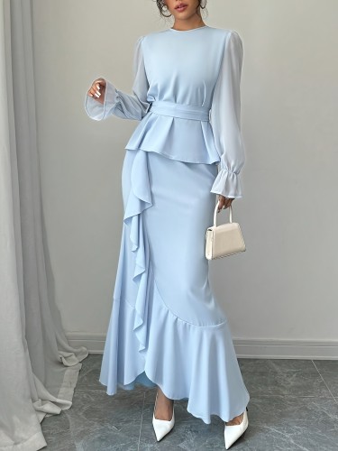 Gentle and elegant ruffle sleeve fishtail skirt step by step for Lotus ladies two-piece set