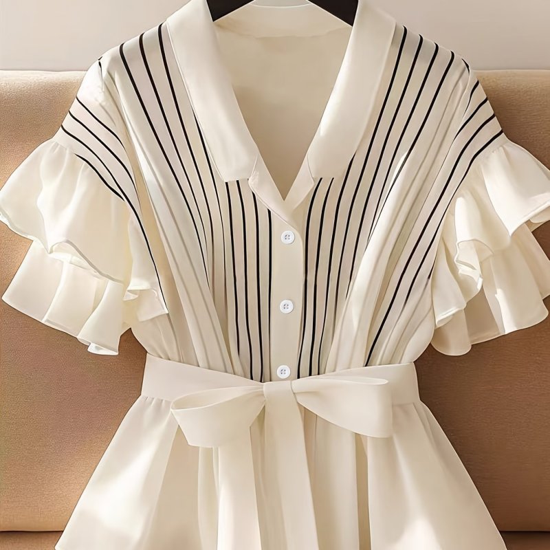 Women's Lightweight Polyester Striped Ruffle Hem Blouse