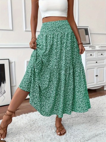 Casual Summer Fake Drawstring Floral Pleated A-Line Bohemian Cute Skirt