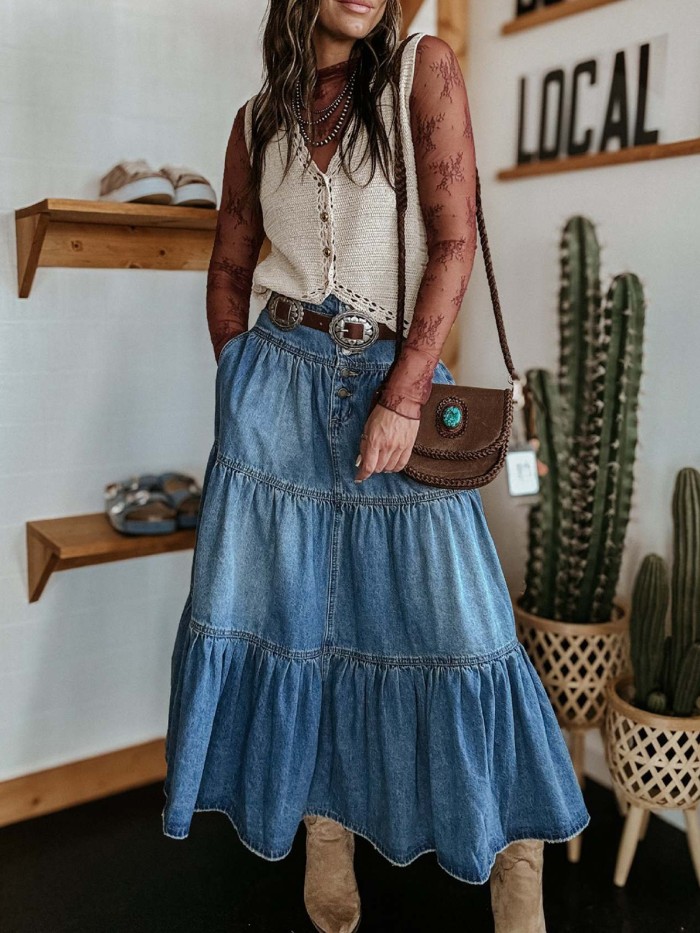 Stylish A-Line Tiered Denim Skirt for Women
